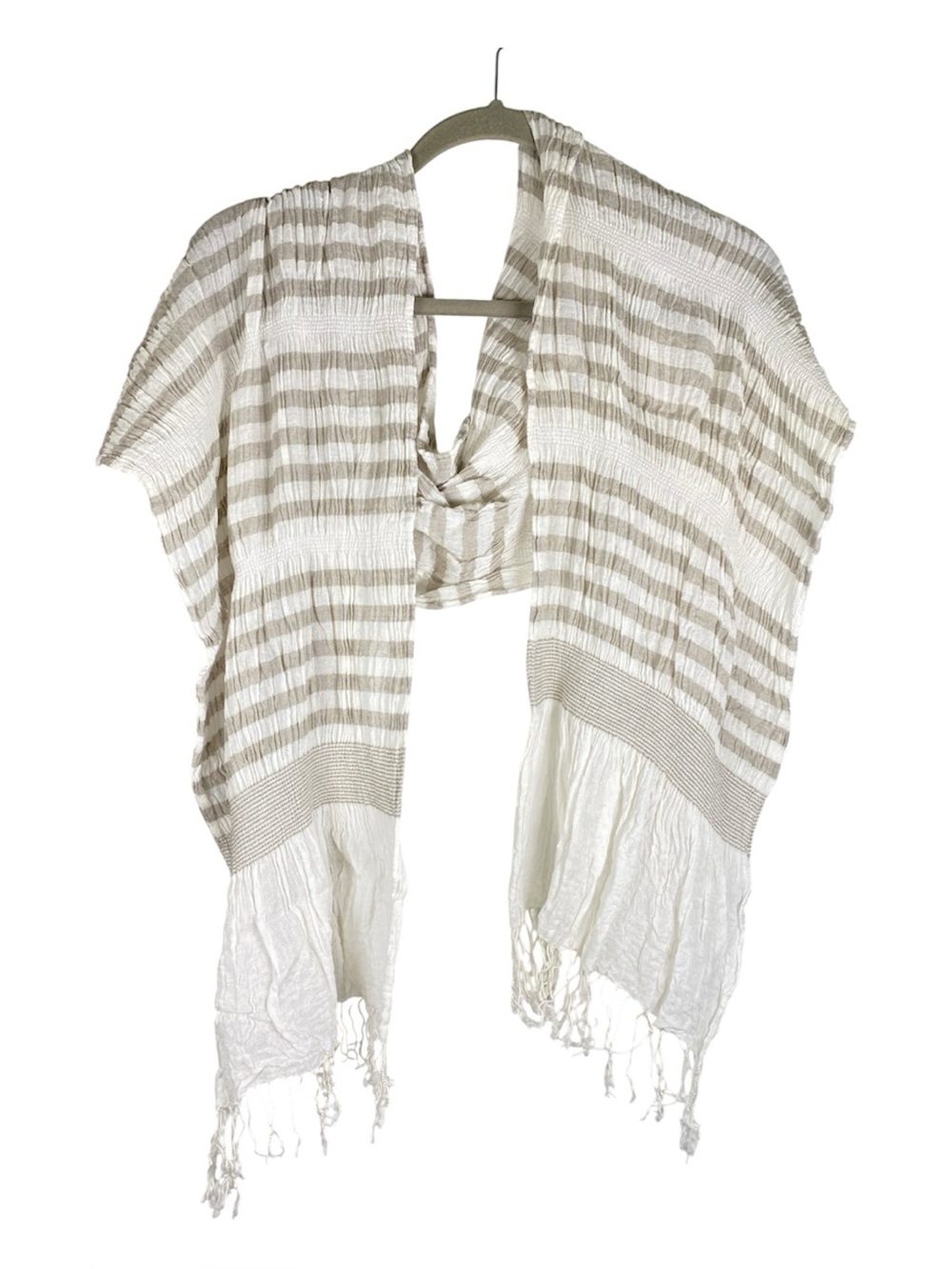 TICKLED PINK Crinkle Cotton Gauze Scarf Gray White Stripes Fringe
